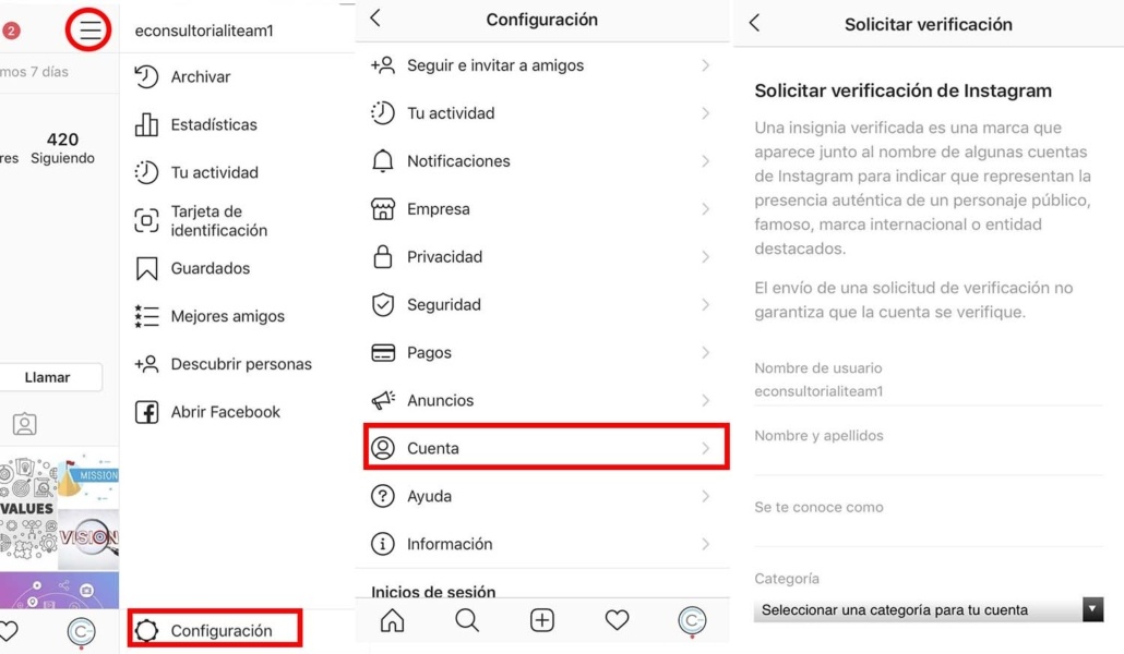 Pasos para verificar cuenta de instagram