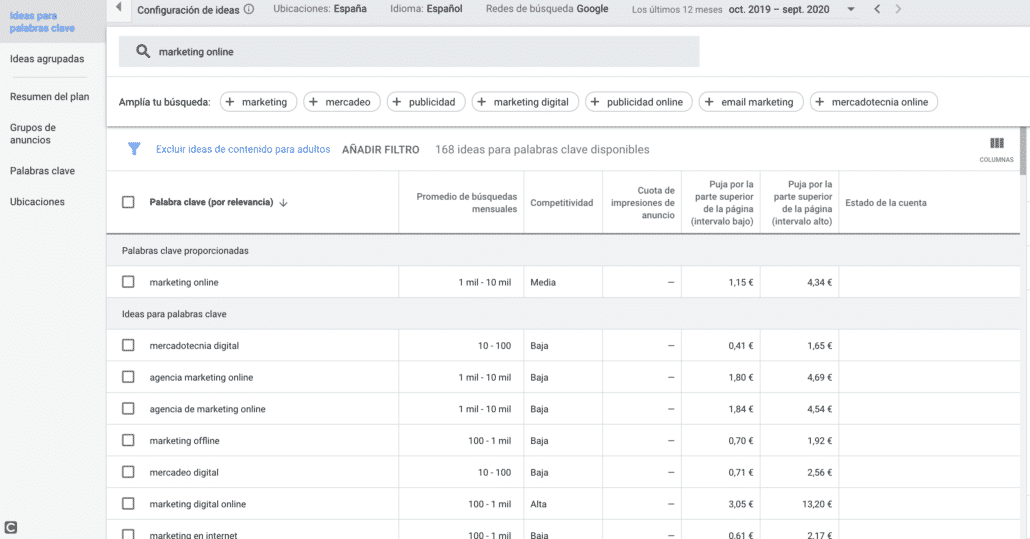 Pantallazo keyword planner